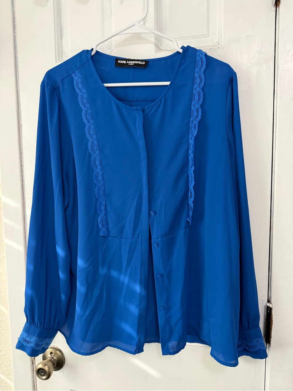 Karl Lagerfeld Blue Lace-Trim Button Front Blouse